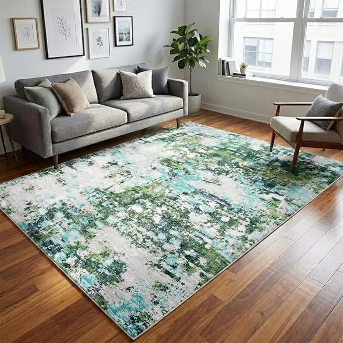 GAOMON 9x12 Washable Boho Chic Abstract Watercolor Design Area Rug Low Pile Thin Living Room Rug Non Slip Soft Bedroom Rug Abstract Accent Carpet for Dining Room Nursery, Green/Turquoise