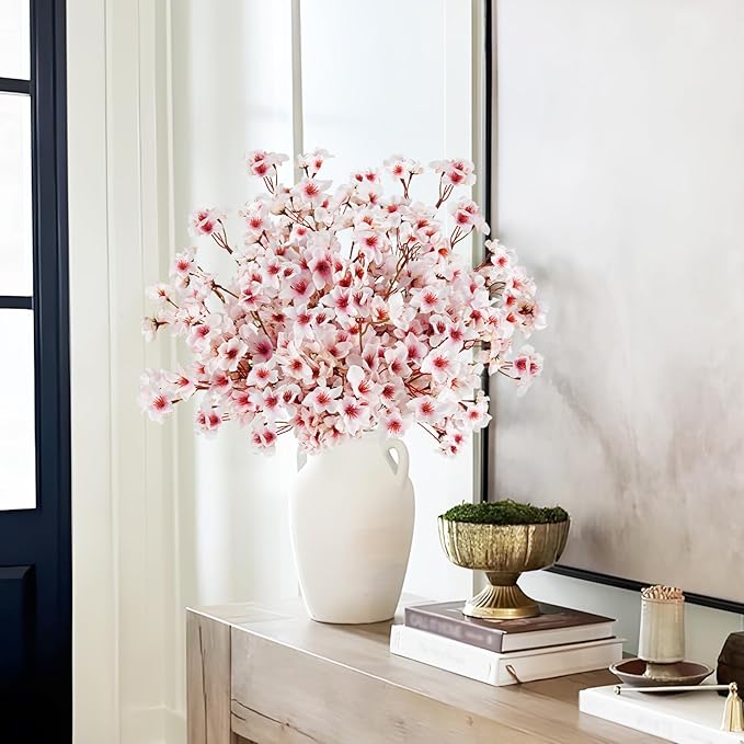 24 Pcs Artificial Cherry Blossom Flowers 18" Faux Silk Cherry Blossom Stems Fake Real Touch Peach Branches for Wedding Home Garden Japanese Decor Light Pink
