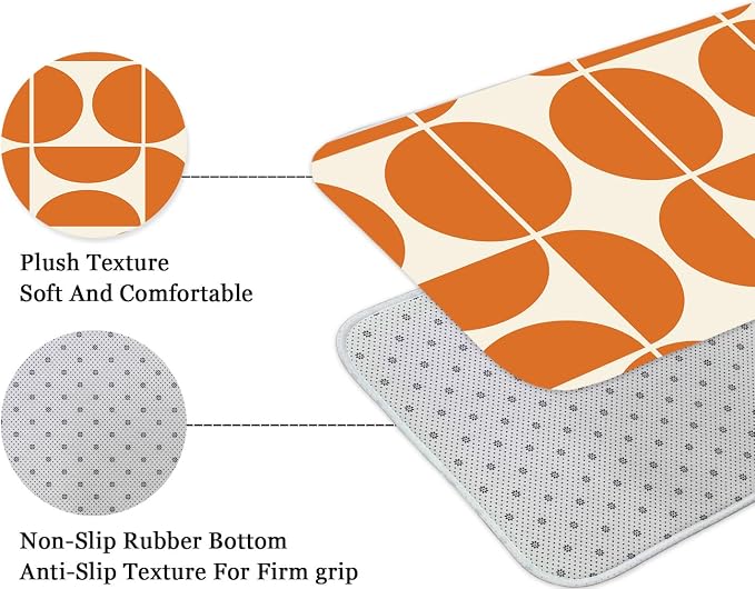 Orange Mid Century Modern Bath Mat, Boho Abstract Geometric Semicircle Retro Art Bath Rug for Bathroom, Colorful Unique Pattern Flannel Bath Mat Soft Non Slip Bath Rugs 29X17IN