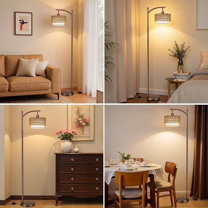 Ambimall Arc Floor Lamp for Living Room with Remote, Color Temperature & Brightness Adjustable, Boho Standing Lamp with Rattan & Fabric Double Drum Shades, Bulb Included(Brown)
