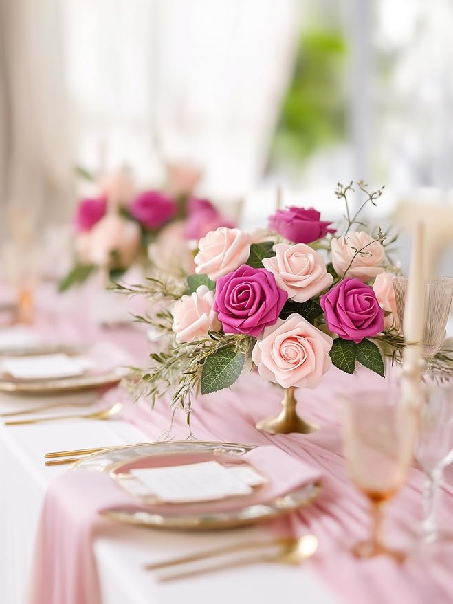 InnoGear Artificial Flowers, 50 Pcs Fuchsia Rose Foam Red-Violet Fake Roses Bulk with Stems for Decoration DIY Wedding Bouquets Centerpieces Bridal Shower Party Christmas Tree