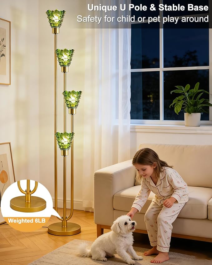 63IN 4-Lights Glass Floor Lamp Modern Dimmable Floor Lamps with Green Glass Shade& Warm White Bulbs for Wedding/Party, Gold Tall Standing Lamp with 5Lbs Heavy Base for Living Room/Bedroom