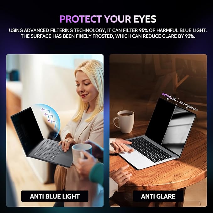 Peslv 360° 4 Way Laptop Privacy Screen for 14 Inch 16:9 Aspect Ratio Computer Monitor, Anti Glare Blue Light Spy Filter Private Cover, Bubble-Free Black Security Protector