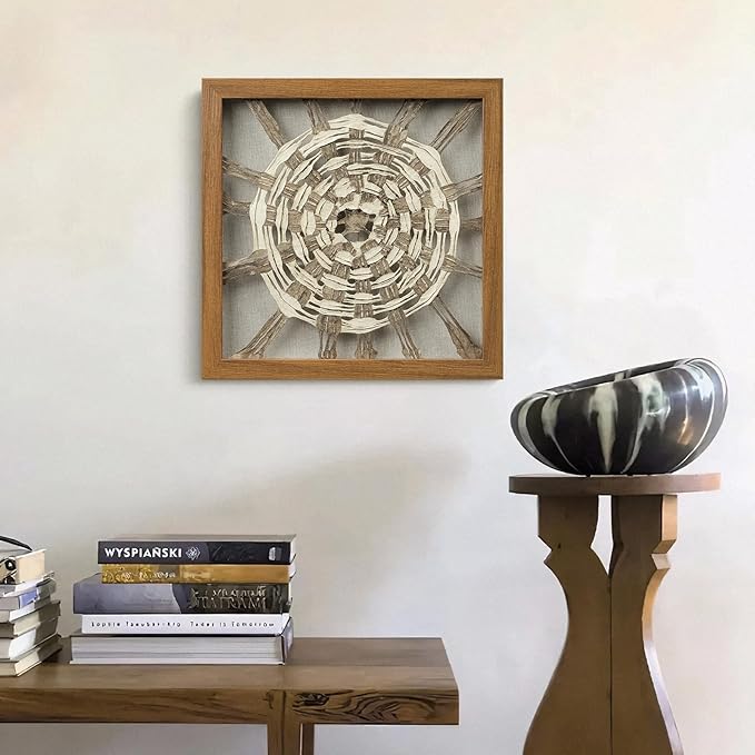 FOLKOR Framed Wall Art for Modern Home Office Apartment, 12" 3D Starburst Shadow Box Wall Accent for Rustic Farmhouse Living Room Bedroom Classroom, Natural Geometric Hanging Artwork Panel