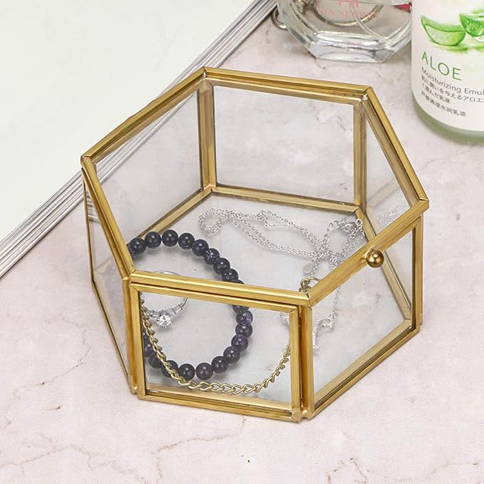 Hipiwe Preserved Flower Glass Box, Hexagon Glass Jewelry Decorative Bin, Ornate Trinket Display Organizer Case Keepsake Box Gift for Women