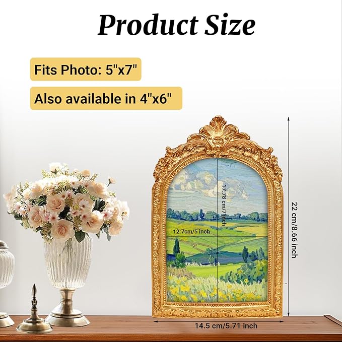 Gold Picture Frames 5x7, Arch Photo Frame Antique Ornate, Luxury Textured Hand-Crafted Picture Frame with Glass Front for Tabletop or Wall Hanging, Retro Resin Photo Frames, Photos Display Frame