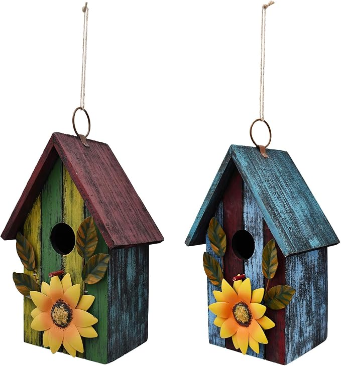 Rustic Decorative Bird House for Outside, Outdoor Hanging Wood Hand-Painted Bird House with Sunflower Decor, Wooden Hanging Garden Birdhouse Porch Yard Decor 9.37"X6.38"X4.25" (Red & Blue)
