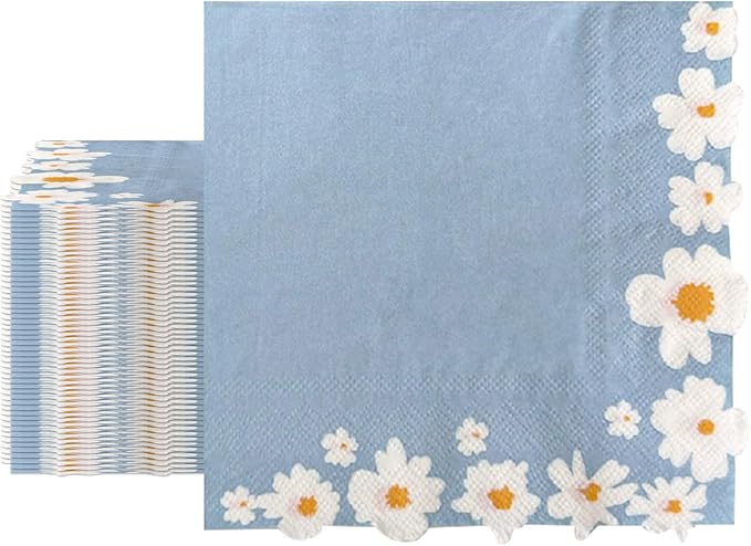 100 Pack Floral Paper Napkins, Blue-White Flowers Cocktail Napkins Tea Party Decorations, 4-Ply Guest Napkins Disposable for Wedding Birthday Baby Shower Bar Hotel Restaurant Folded 6.5 x 6.5 Inches