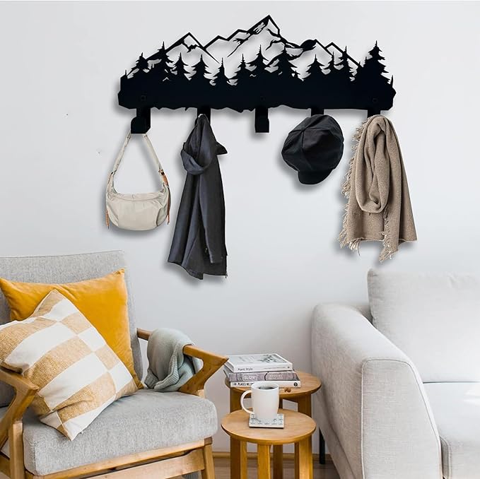 ZORISE Metal Mountain Coat Hooks and Key Holder, Mountain Design Wall Art Decor, Clothes Hat Rack, and Backpack Hanger, Storage Decor for Living Room, Hallway, Office, Kitchen, Entryway, and Bedroom
