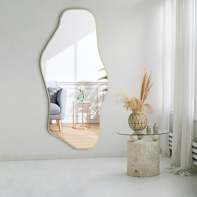 Irregular Wall Mirror, 47.2"x21.5" Asymmetrical Mirror with Gold Metal Frame, Organic Shaped Mirrors for Living Room Bedroom Hallway Entryway Fireplace, Hangs Vertically or Horizontally