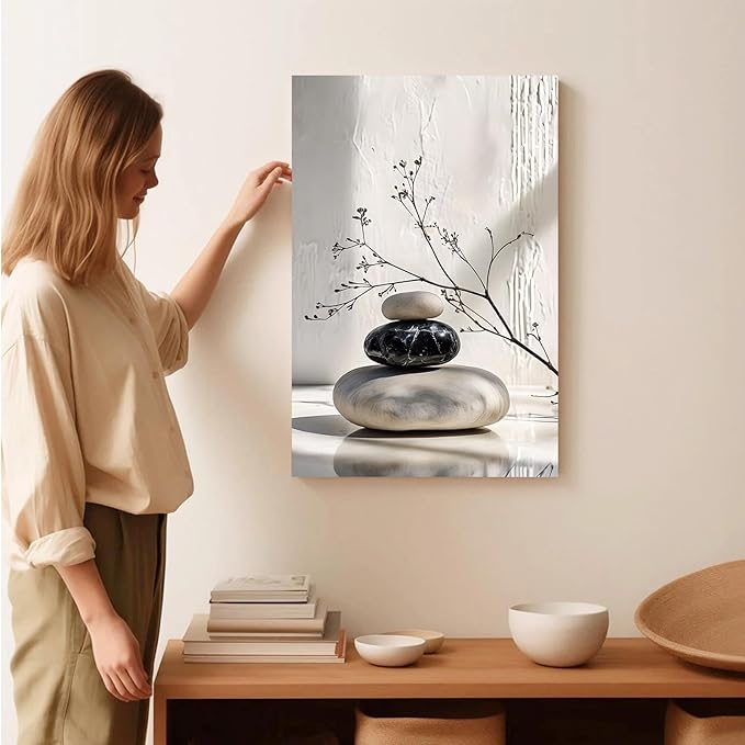 Gray and black stone pile and dried flowers poster canvas wall art in harmony Minimalist wall art for tranquil homes and mindful spaces 16x24in Wood Framed