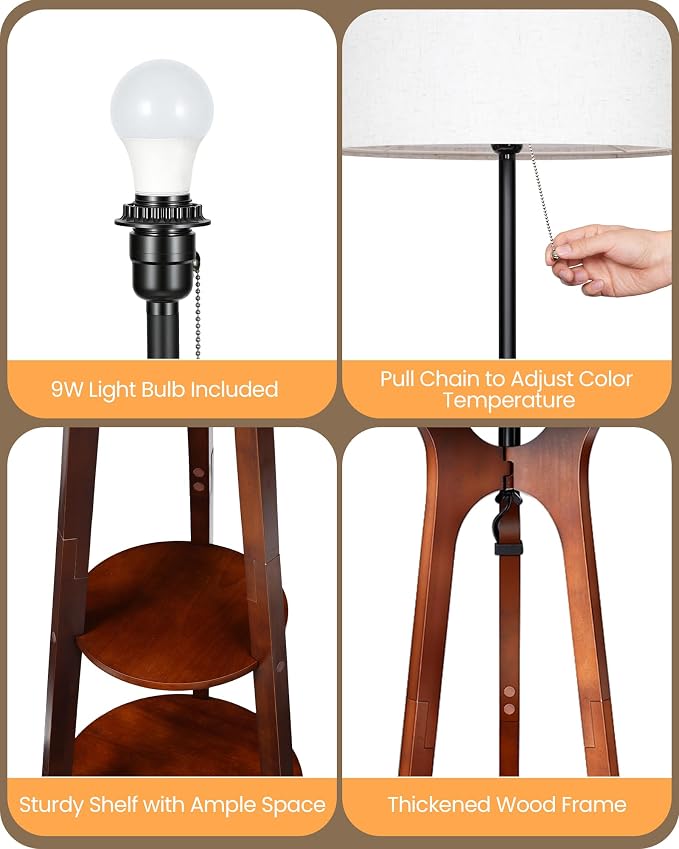 3 Tier Shelf Floor Lamps, Wood Tripod Floor Lamp, Large Linen Lampshade, 3 Color Temperature LED Bulb Included, Modern Shelf Floor Lamp for Living Room Bedroom Beige and Walnut STE25LD05