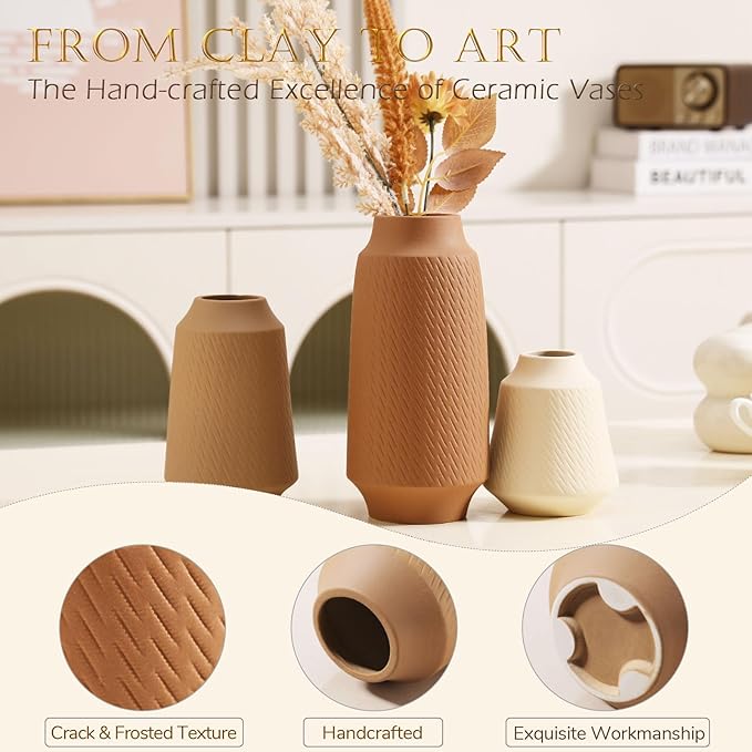 Ceramic Vase Set of 3 - Handcrafted Ceramic Vases for Home Decor & Shelf - Modern Farmhouse Decor for Kitchen, Office, Bedroom & Living Room Decorative Objects for Mantel, Table Centerpieces