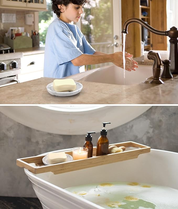 Luxspire Soap Dish 2 Packs, Resin Soap Tray Soap Holder Container Box, Marble Pattern Oval Soap Plate Case, Sponge Dish Scrubbers Tray Holder for Bathroom Vanity Shower Kitchen Sink, Gravel White
