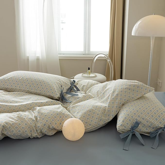 Blue Flower Comforter Set Full Checkered Grid Floral Comforter Set Kids Girls Vintage Country Style Coquette Bedding Comforter Full with 2 Bow Tie Pillowcases Cute Flower Botanical Comforter Set