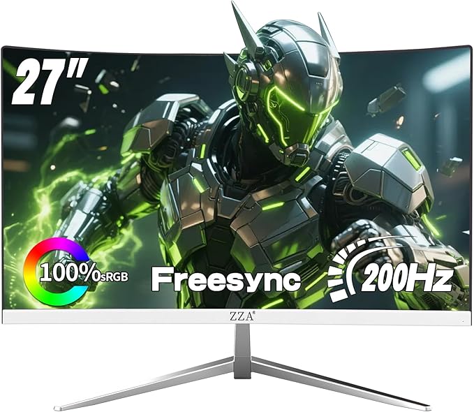 ZZA 27" Curved Gaming Monitor, Full HD(1920x1080P) VA Panel 1800R Computer Monitor,200HZ CP Screen,100% sRGB,3Sides Frameless, Flicker-Less,Blue Light Filter, for Office & Gaming