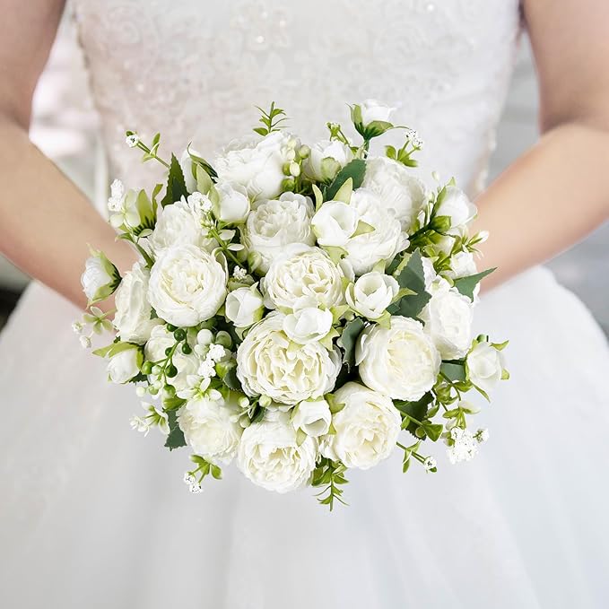 Mkono Peonies Artificial Flowers, Small Silk Flowers for Home Decor Indoor Fake Bouquet Faux Floral Arrangements Dining Table Centerpieces for Kitchen Bridal Wedding Party Decor White