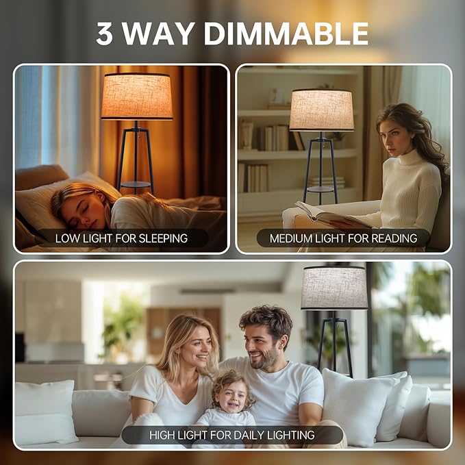 EOEYYOYB 3 Tier Shelf Floor Lamps for Living Room, Modern Standing Lamp with 3 Color Temperature Led Bulb, Tall Lamps for Bedroom and Office, Walnut