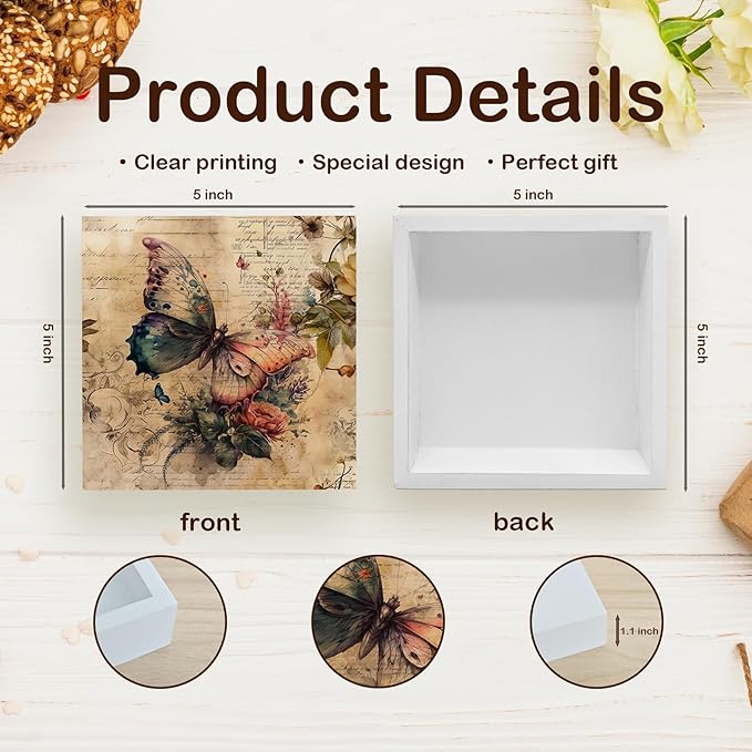 KFXHANGD Vintage Butterfly Wooden Box Sign, Wildflower Signs for Bathroom, Bedroom, Home, Rustic 5x5 Inch