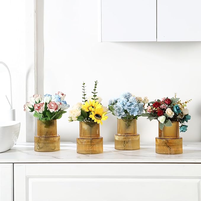 Ribbed Glass Vases, Set of 4 Small Vases for Flowers, Amber Glass Vase for Tulips, Modern Vase for Living Room, Kitchen, Office, Entryway, Bookshelf, Wedding Gifts, Birthday, 6 Inches