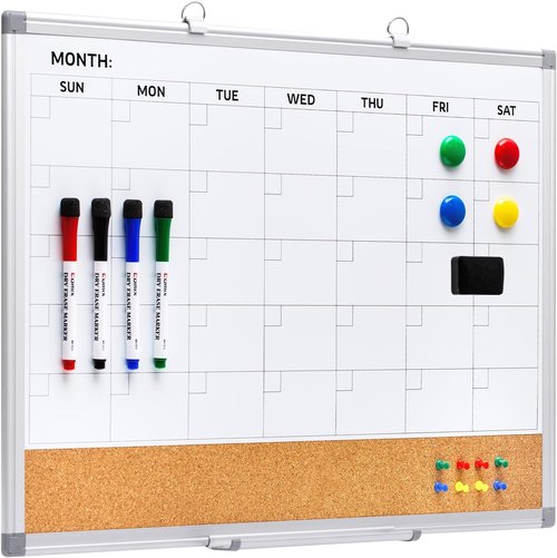 Comix Dry Erase Calendar | 24x18 Inch Whiteboard & Corkboard Combo with Aluminum Frame & Markers