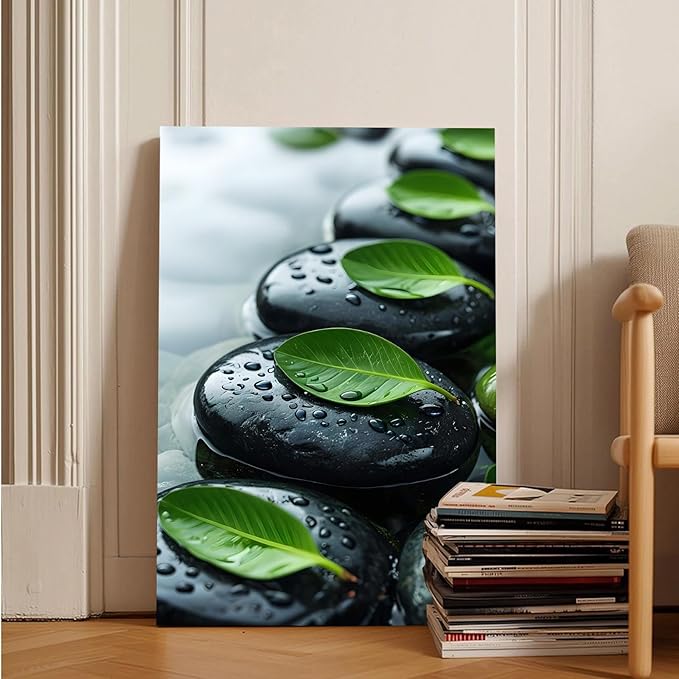 Glittering black stone cluster with fresh green leaves and water drops poster tranquil mist rain wall art zen wall art suitable for modern minimalist home decor 32x48in Frameless