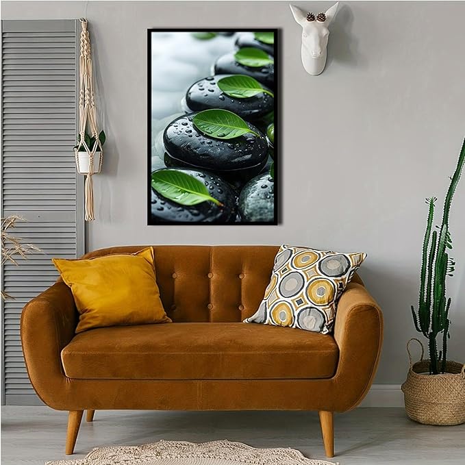 Glittering black stone cluster with fresh green leaves and water drops poster tranquil mist rain wall art zen wall art suitable for modern minimalist home decor 16x24in Metal blackFramed