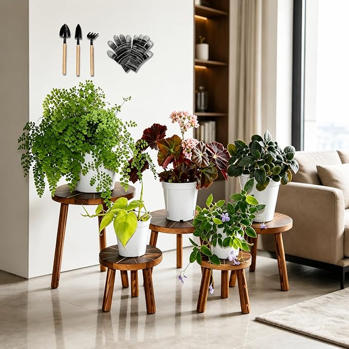 5-Piece Decorative Plant Stand Set Indoor Outdoor, 7-16 Inch Plant Stool Tables for Living Room, Balcony, Patio, Porch, Multi-Level Plant Display Furniture