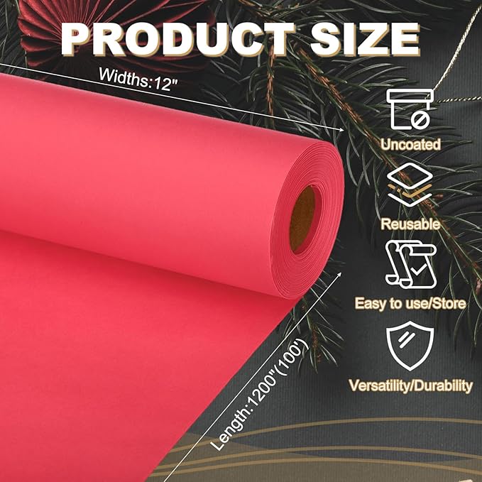 PATIKIL Wrapping Paper, 12"x1200"(100') Bulletin Board Paper Roll Kraft Paper Roll Construction 80GSM for Shipping Packing Gift Wrapping Craft Flower Bouquet Christmas, Red