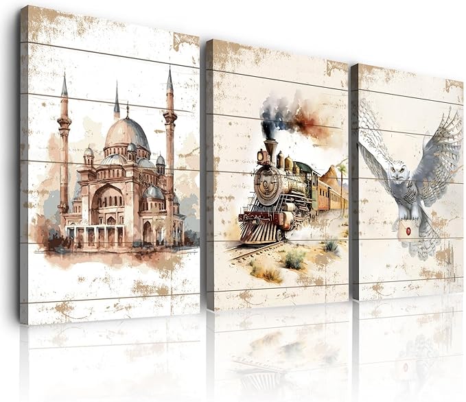 Magic Castle Canvas Wall Art Magic Express Train Snowy Owl Pictures Paintings Wall Decor Watercolor Magic Potter Nursery Posters Print Artwork for Kid Boy Bedroom Playroom Home Decoration 12x16 3pcs