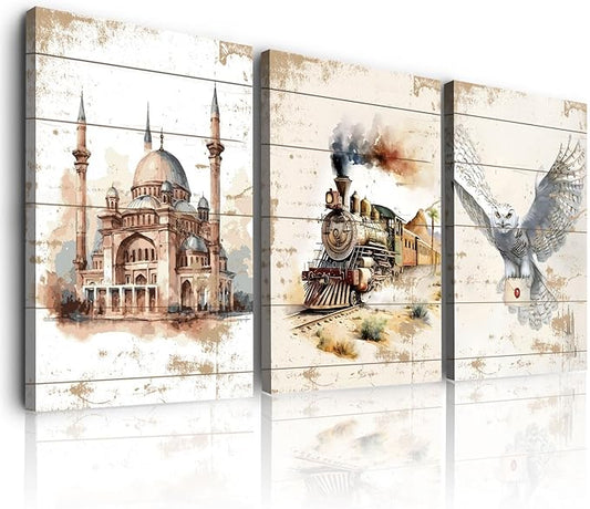Magic Castle Canvas Wall Art Magic Express Train Snowy Owl Pictures Paintings Wall Decor Watercolor Magic Potter Nursery Posters Print Artwork for Kid Boy Bedroom Playroom Home Decoration 12x16 3pcs