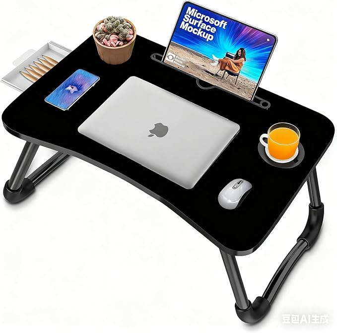 Fayquaze Laptop Bed Table, Portable Foldable Laptop Bed Desk with Storage Drawer and Cup Holder, Lap Desk Lap Stand Tray Table Floor Table Serving Tray for Eating, Reading and Working