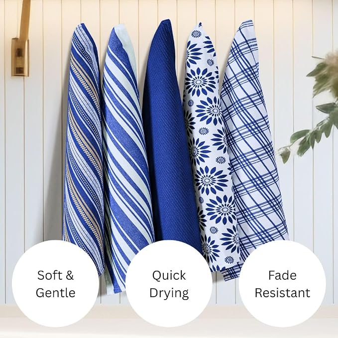 WeWove Assorted Kitchen Towels Set of 5-100% Cotton Dish Cloths Towels with Hanging Loop - Soft Absorbent Washable Reusable for Kitchen Use - Quick Drying 16x26 inch Dish Towels Blue