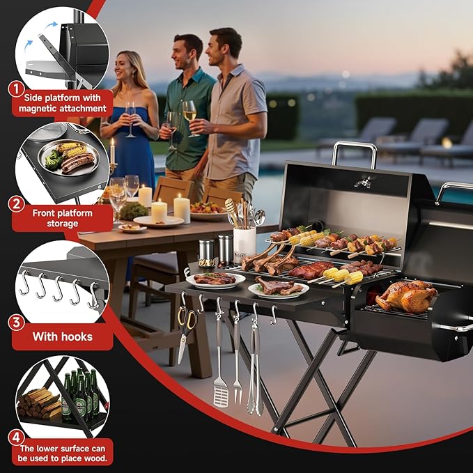 kscocinaBBQ Portable Charcoal Grill with Smoking Function, Foldable Suitcase Design with Wheels, Multi-Tier Storage Rack & Waterproof Cover for Outdoor BBQ Parties (Black)