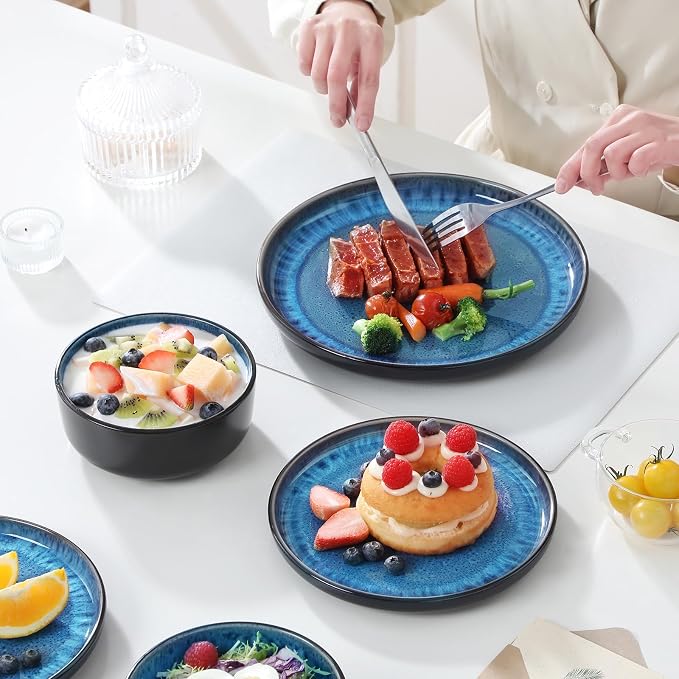 vancasso PLAYA Plates and Bowls Sets, 18 Pieces Blue Dinnerware Sets for Kitchen, Reactive Glaze Dishes Set for 6, Dishwasher and Microwave Safe