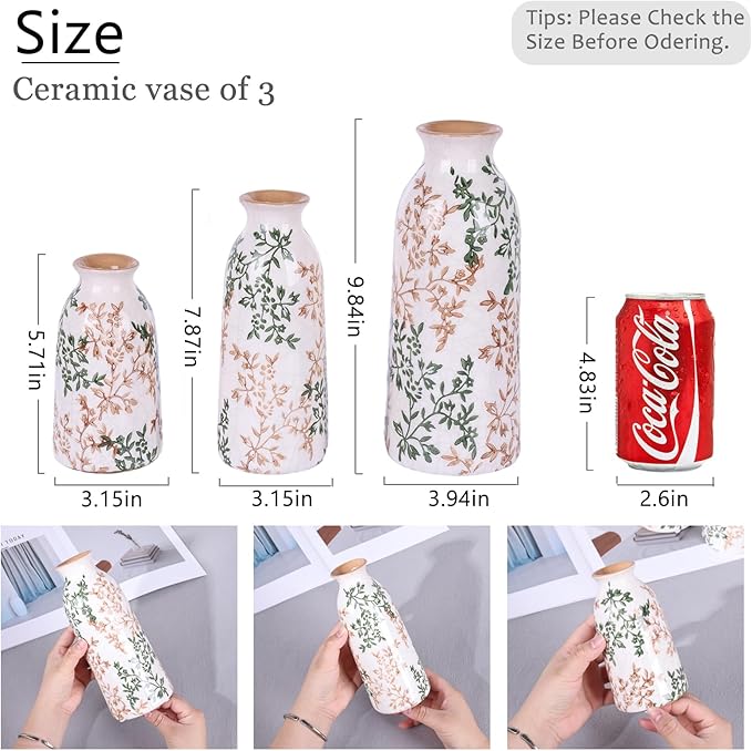 Ceramic Vase Set of 3, Vintage Green and Beige Vases Set, Flower Rustic Chinoiserie Vases Floral Grand Millennial Farmhouse Decor Vase (Green and Beige-Set of 3)