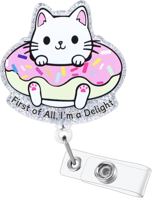 First of All | Cute Cat Retractable ID Badge Reel - Funny Work Badge Holder for Nurses & Teachers