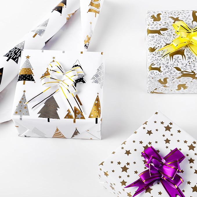 Miss DuiDui Christmas Gift Wrapping Paper, 3 Rolls, 17 inch x 9.8 feet, Gold Stars Animals Trees Xmas Design for Christmas, Party, Kids Boys Girls, Baby Shower, Holiday