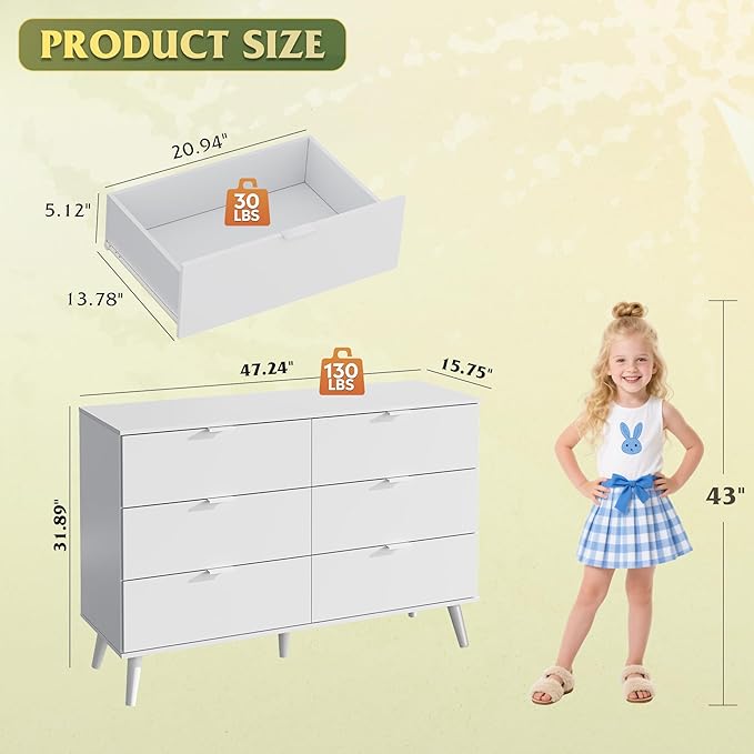 WLIVE 6 Drawer Dresser for Bedroom, 47.24'' Wide Wooden White Dresser, Storage Organizer with Sturdy Metal Handle, TV Stand for 55 inch TV, Chest of Drawers for Living Room, Hallway, Closet