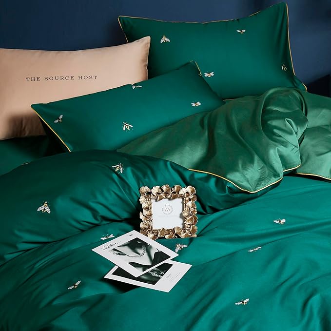 mixinni Dark Green Duvet Cover Full Size, 100% Long Staple Cotton Honeybee Floral Pattern 3pc Bedding Duvet Cover Set with Zipper Ties 2 Pillowcases Perfect for Him and Her-Full Size