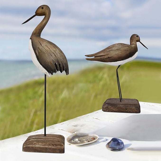 Wood Bird Statue Nautical Decor Decorative Sea Birds Sculpture Wooden Tabletop Figurine Coastal Ocean Beach Themed Decoration for Home Yard Bathroom Living Room (6.7" + 12.4" H)