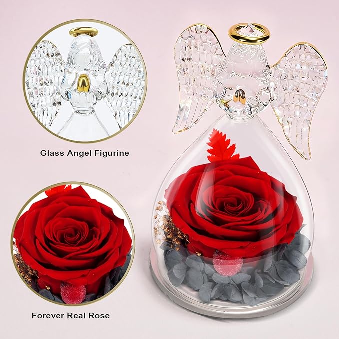Yamonic Mom Birthday Gifts for Women, Preserved Roses Forever Flower in Glass Angel Figurines Gifts for Moms Grandma, Real Fresh Flowers Christmas Mothers Day Anniversary Valentines Gifts for Her(Red)