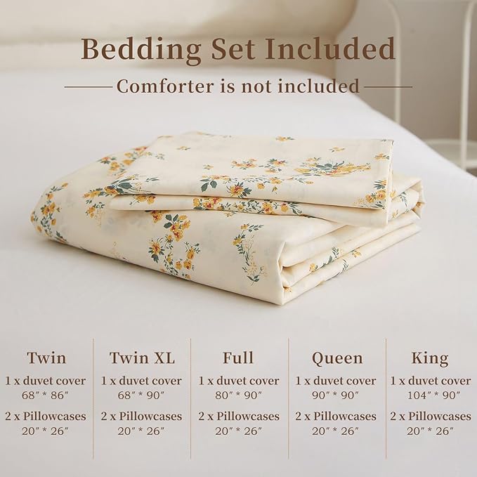 EAVD Garden Style Yellow Floral Duvet Cover King Soft Cotton Bedding Set Chic Botanical Floral Bedding Set with 2 Pillowcases Reversible Aesthetic Comforter Cover for All-Season