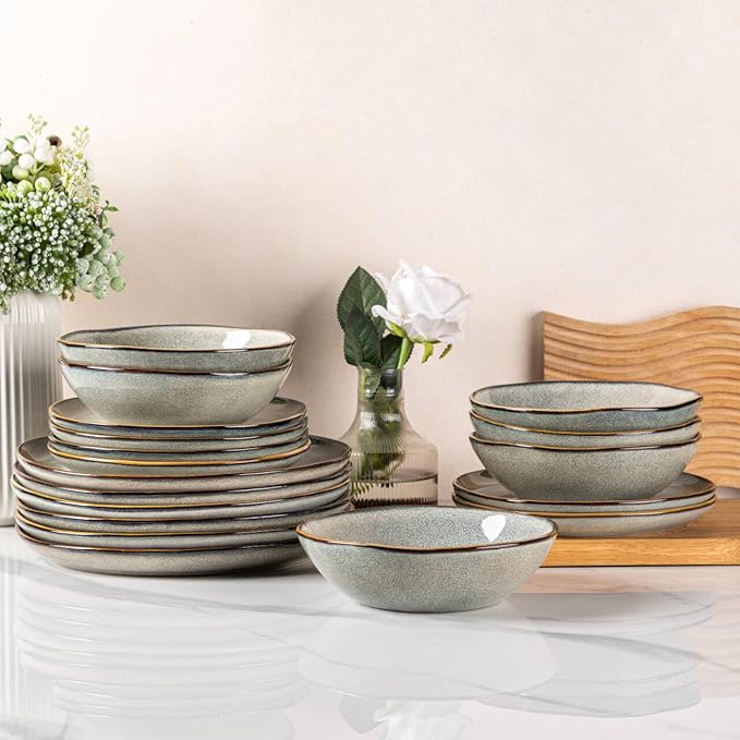 AmorArc Ceramic Dinnerware Sets,Handmade Reactive Glaze Stoneware Plates and Bowls Sets,Highly Scratch Resistant | Dishwasher & Microwave Safe Dishes Set,Service for 4 (12pc)