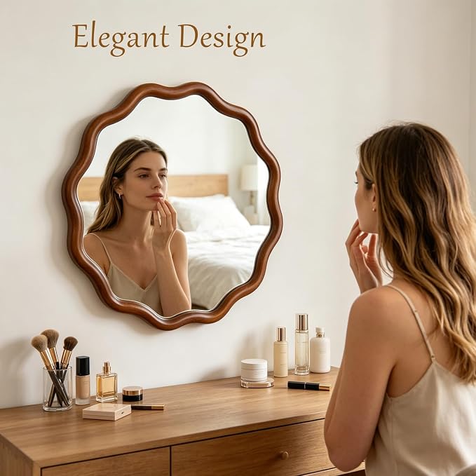 24" Wavy Edge Round Mirror, Solid Wood Framed Wall Decor with Clear Reflection for Bathroom, Bedroom, Living Room & Entryway (Dark Walnut)