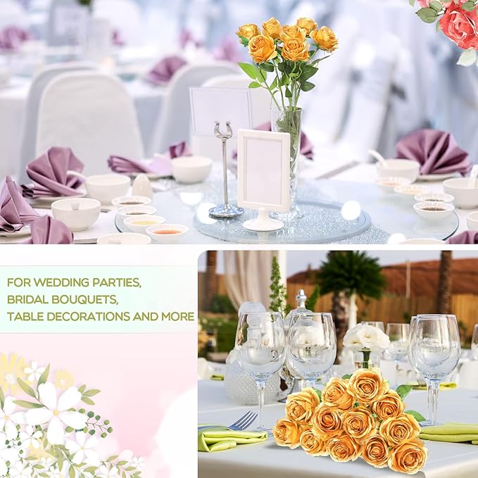 Jexine 50 Pcs Artificial Rose Flower Bulk Realistic Silk Fake Roses with Long Stem Plastic Artificial Flower Bouquet Real Looking for Home Wedding Centerpieces Party Decoration(Gold)