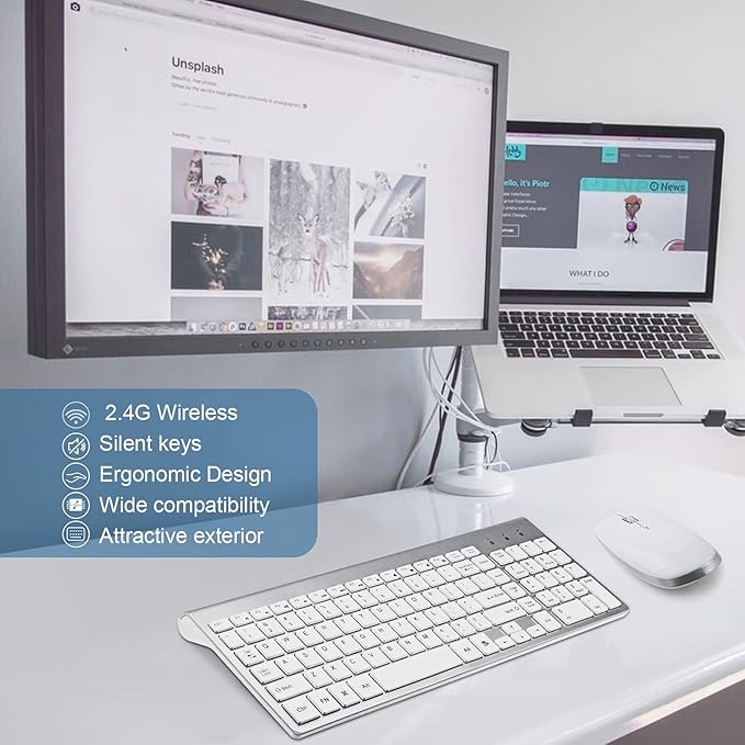 FENIFOX Keyboard and Mouse Wireless, USB 2.4GHz Combo Silent Quiet Low Profile Compact Full Size Flat Slim Thin Portable with Number Pad Soft Cover for PC Laptop Computer Office - White & Silver