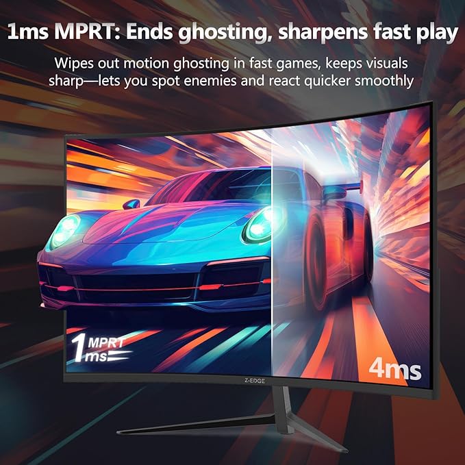Z-Edge 24 inch Gaming Monitor, 180Hz 165Hz Curved 1650R Computer Monitor, FHD 1080P, Ultra-Fast MPRT 1ms Curved Monitor, 300nits, 16.7M Colors, UG24 1X DP 1.4 Port and 1X 2.1 HDMI Port