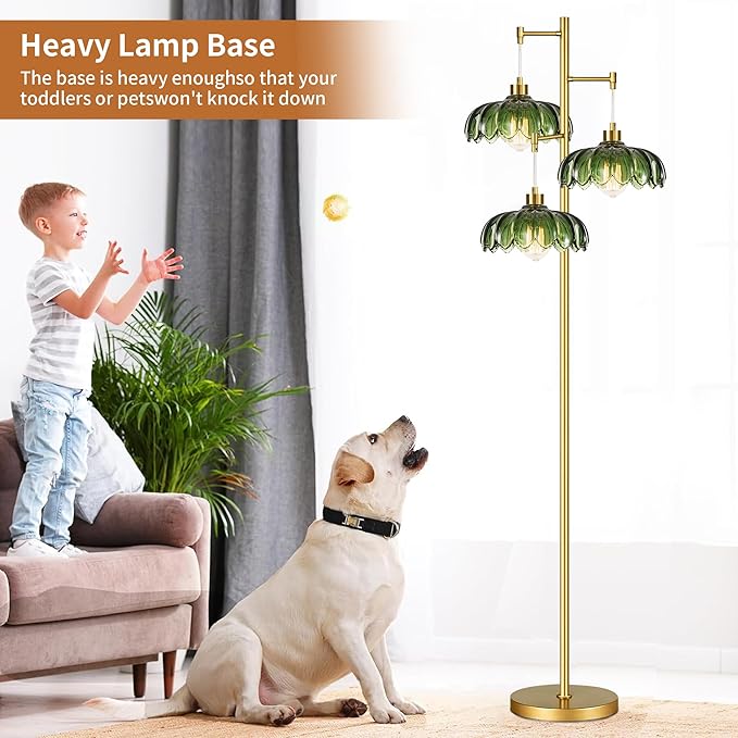 ILLMTW Glass Gold Floor Lamp for Living Room,Bedroom,Mid Century Modern Standing Lamp Brass Tree 3 Light Tall Floor Lamps Vintage Retro Floor Lights Green Flower Lamp Shade Farmhouse Boho Bohemian