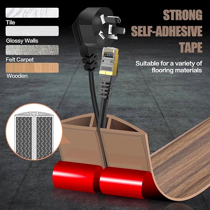 Floor Cord Cover Cavity 0.8"x0.37" Self Adhesive Cord Hider, 10FT Low Profile Cable Management, Extension Strip Protector for Wires, Prevent Cable Trips for Offices, Gyms,(Wood Smoked Brown)